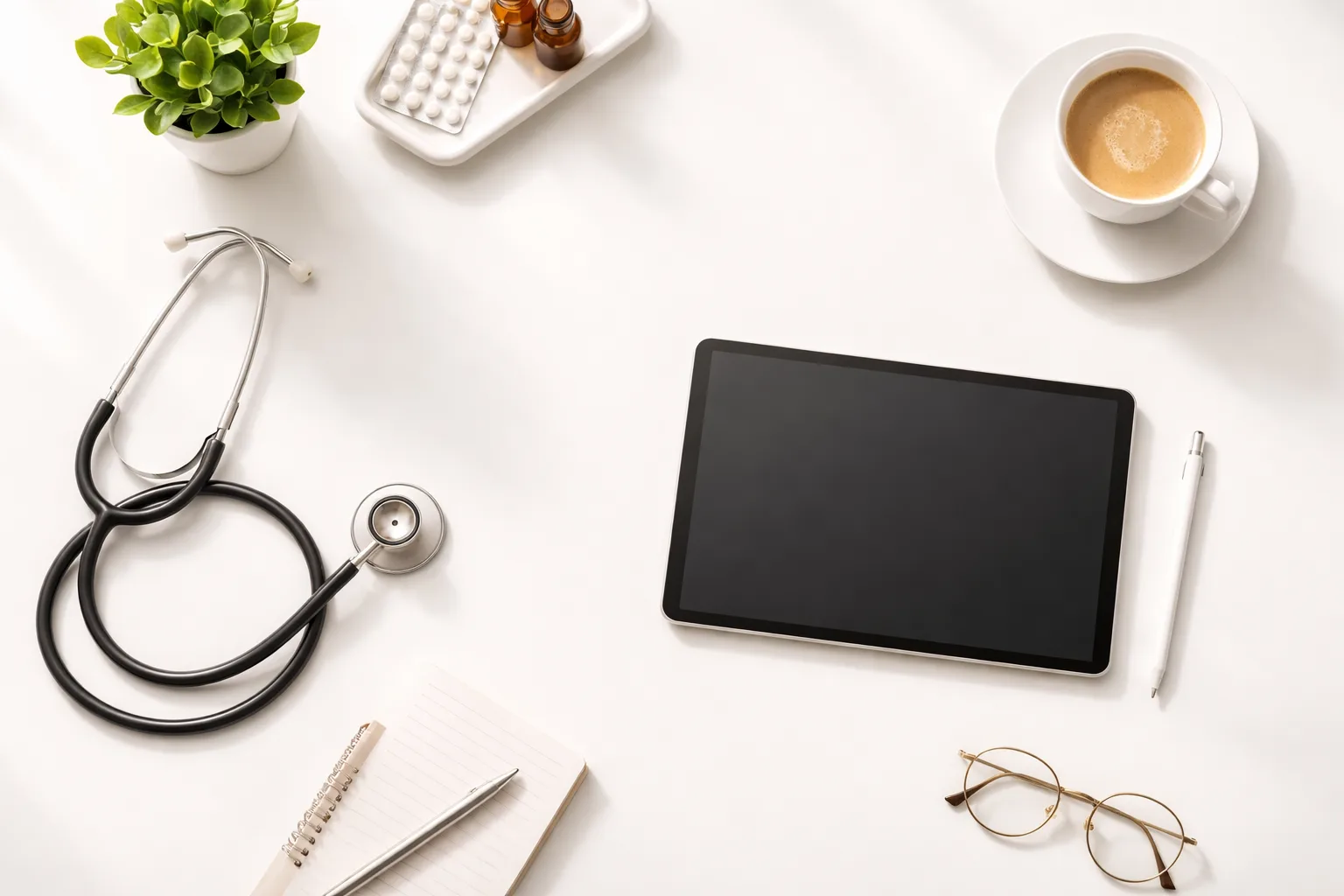 Doctor working at a standing desk in a bright modern clinic